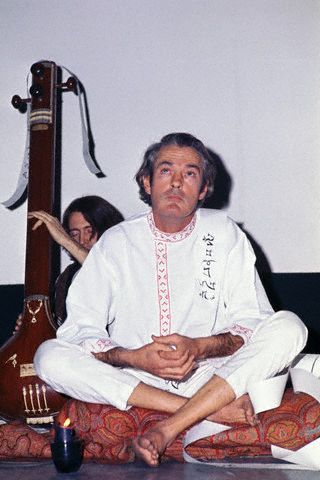 Timothy Leary meditating at the Village Gate Theatre